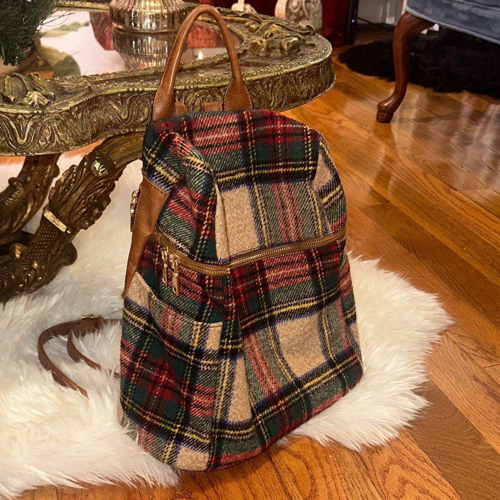 Plaid Backpack with Brown Accents